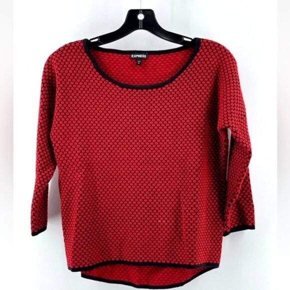 Express Sweaters - Express Women's Red Polka Dot 3/4 Sleeve Knit Boat Neck Sweater Size Medium